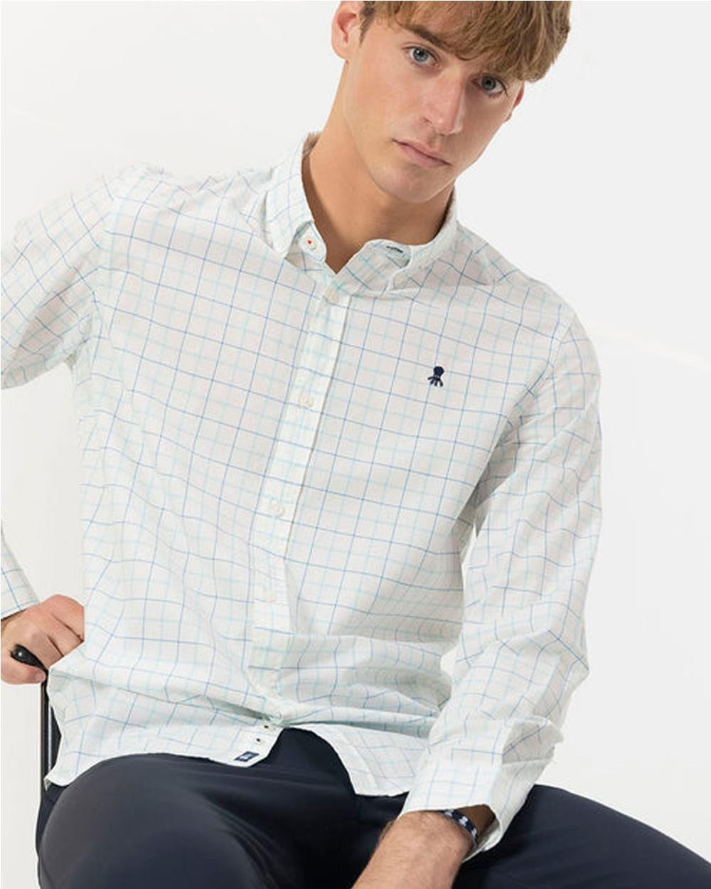 Camisa cuello botón popelin cuadro...