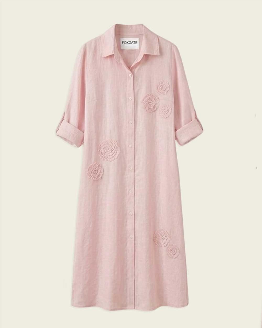 Vestido camisero bordado de lino...